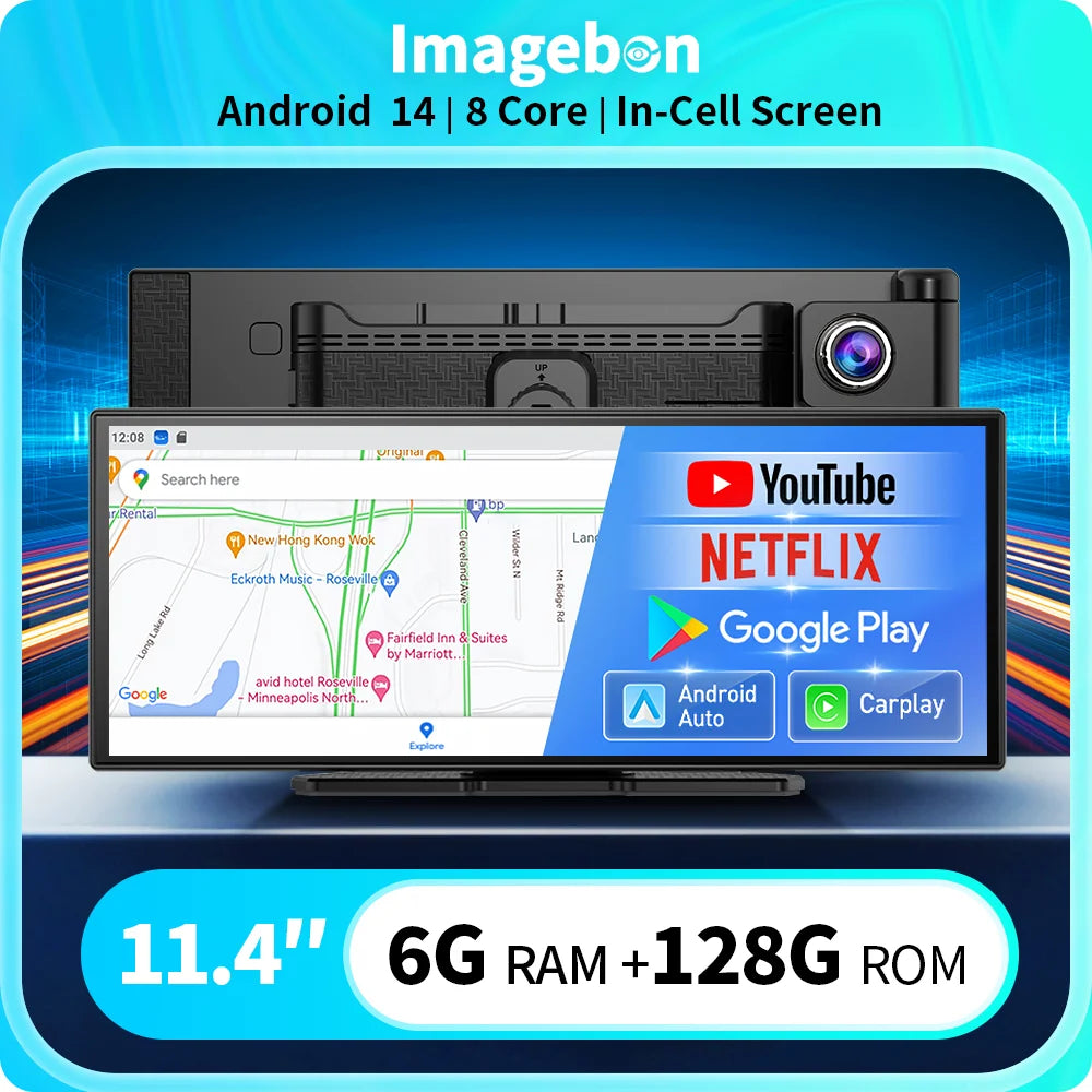 Imagebon 11.4" Android 14 Dashcam 8 Core In-Cell Screen with Wireless CarPlay & Android Auto Youtube Netflix Google Play Car DVR