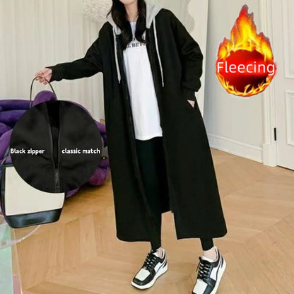 Plus Size Hooded Zip-Up Long Coat Winter Thick Hoodie Fleece Women's Oversize Jacket Casual Black Outerwear Patchwork All-match