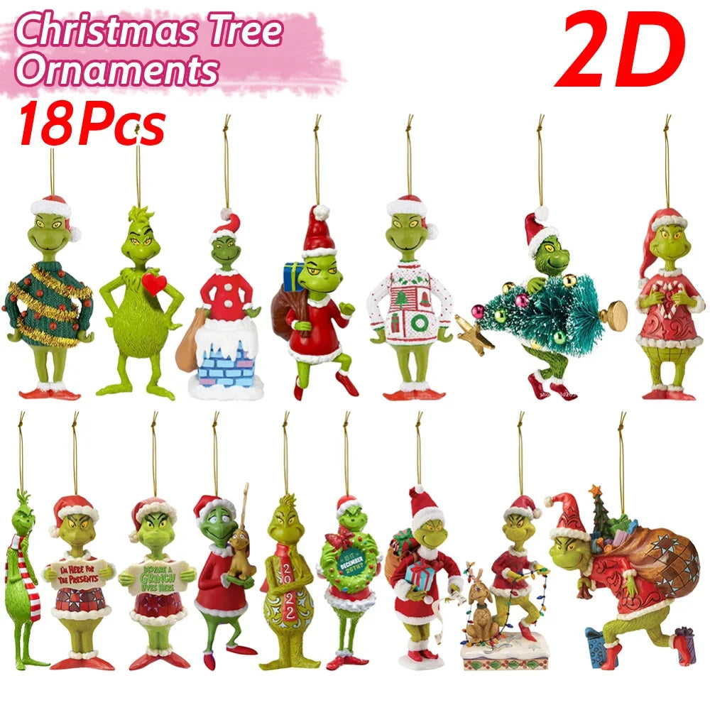 17Pcs 2D Acrylic Christmas Tree Green Monsters Ornaments Cute Green Monsters Christmas Tree Pendants Christmas Cartoon Ornaments