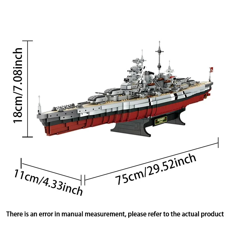 2081pcs Military WW2 Bismarck Battleship Large Boat Cruiser Model Weapon Building Blocks MOC Warship Set Toys for Children Gifts