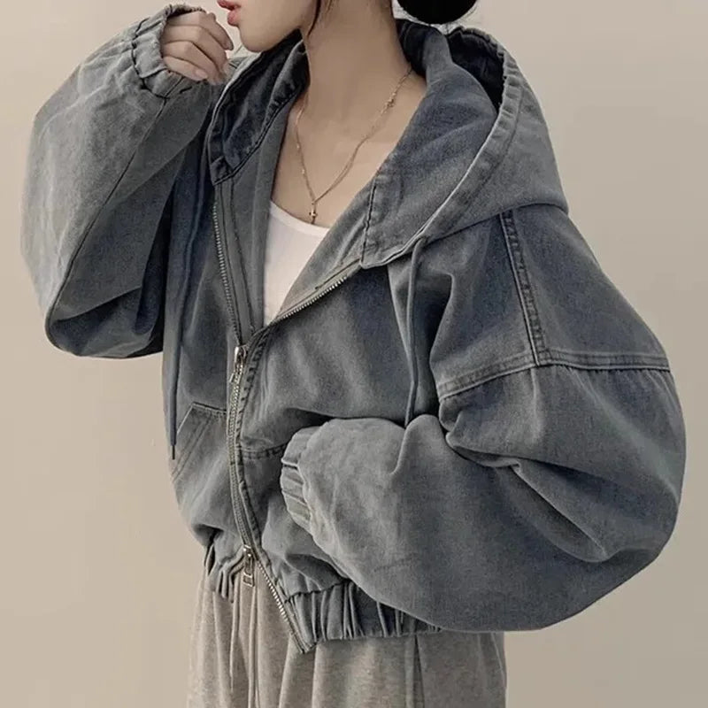 Korean Lazy Chic Autumn Retro Style Zipper Universal Loose Casual Long Sleeve Hooded Short Light Denim Jacket