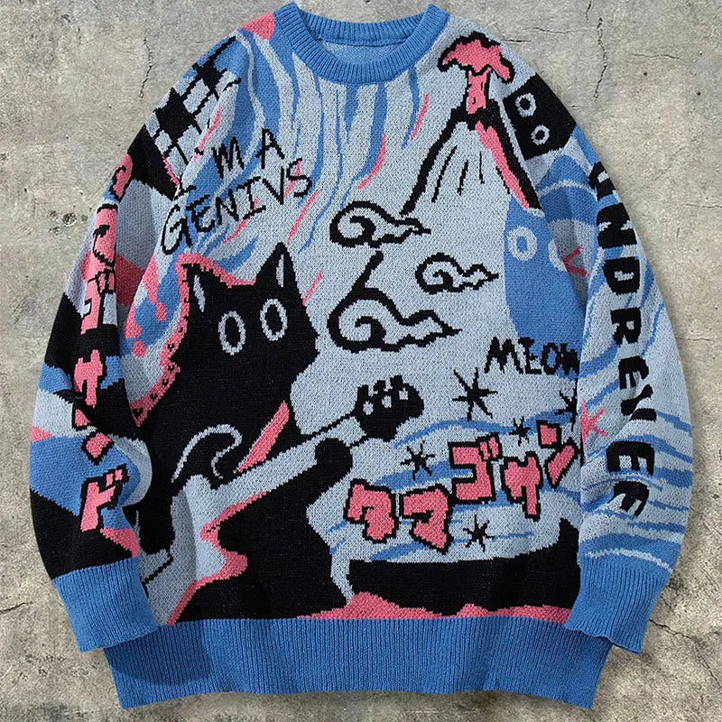 2026 Spring/Summer Men's and Women's Retro Cartoon Pattern Knitted Sweater - Loose and Comfortable Long-Sleeved Knitted Sweater