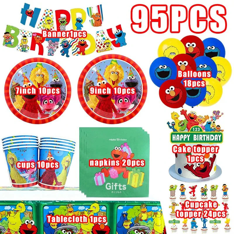 Birthday Party Decoration Set Supplies Cartoon Sesame Streets Birthday Party Supplies Tableware Balloon Cake Topper Banner Plate