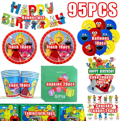 Birthday Party Decoration Set Supplies Cartoon Sesame Streets Birthday Party Supplies Tableware Balloon Cake Topper Banner Plate
