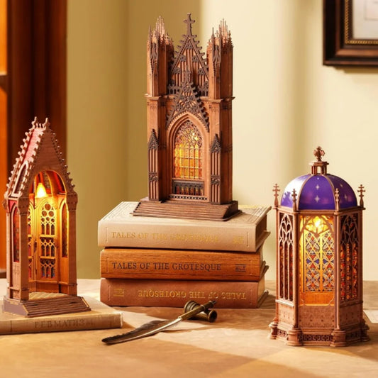 Rolife 3D Puzzles Twin-Tower Cathedral Wooden Model Kits with Stained Light Starry Dome Cathedra Classic Architecture For Adult