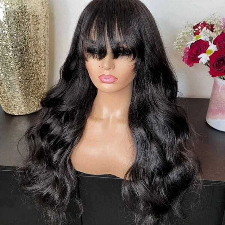 15A Glueless Body Wave Wig With Bangs Brazilian Women's Human Hair Wig Without Glue 3*1 Lace Wig With Bangs Loose Body Wave Wig