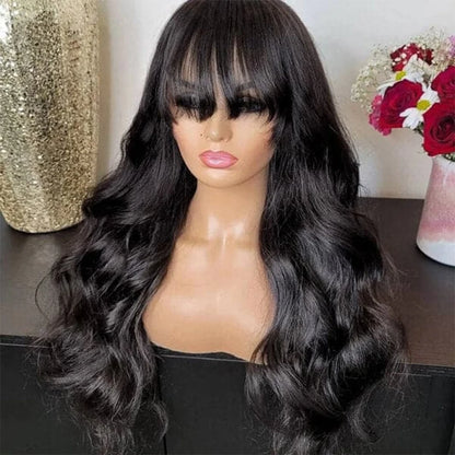 15A Glueless Body Wave Wig With Bangs Brazilian Women's Human Hair Wig Without Glue 3*1 Lace Wig With Bangs Loose Body Wave Wig