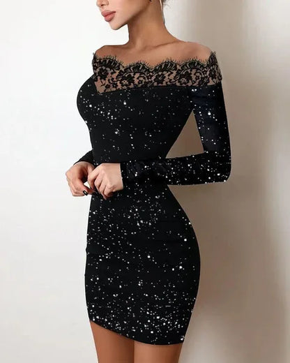 Women Elegance, Leisure, Sexy Long sleeved Lace Edge, One Shoulder Silver Powder Sprinkled Dress