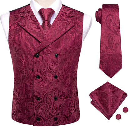 Formal Men V-Neck Waistcoat 4-in-1 Set Vest Tie Pocket Square Cufflinks Wedding Dress Accessory