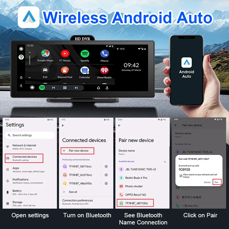 Develuck New 11.26'' 4K Car DVR Wireless CarPlay Android Auto Multimedia Player IPS Touch Screen Bluetooth Video Recorder FM AUX