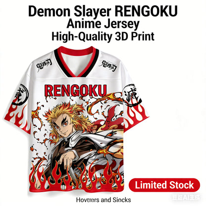Demon Slayer Kyojuro Rengoku Flame Hashira Oversize V-Neck Jersey Unisex Streetwear Daily Casual Outfit T-shirt for Anime Fans