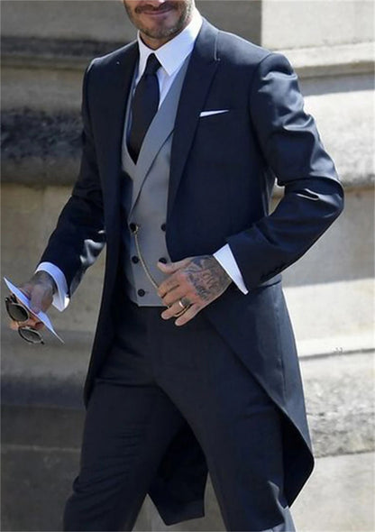 Italian Gentleman Style Wedding Man Long Tail Coat Groom Prom Tuxedos Formal Mens Suits Terno Masculino (Jacket + Pants + Vest)