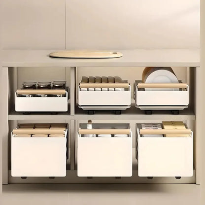 Pull-Out Kitchen Storage Rack - Carbon Steel Dish Rack with Sliding Drawers for Dishes, Cutlery, and Condiment Storage Organizer