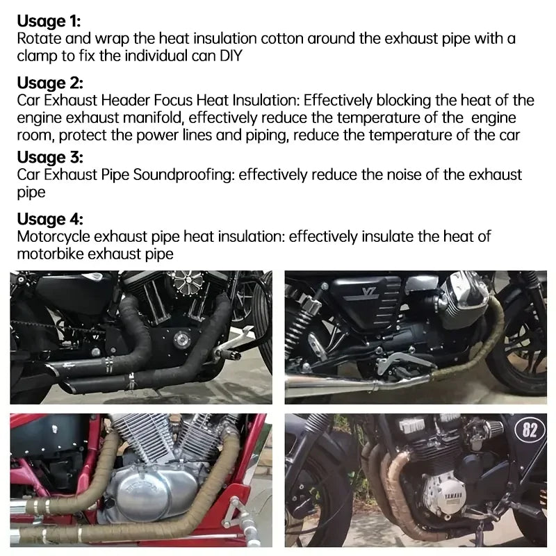 5m Roll Fiberglass Heat Shield Motorcycle Fiberglass Heat Shield Tape Exhaust Thermal Tape High temperature with Stainless Ties