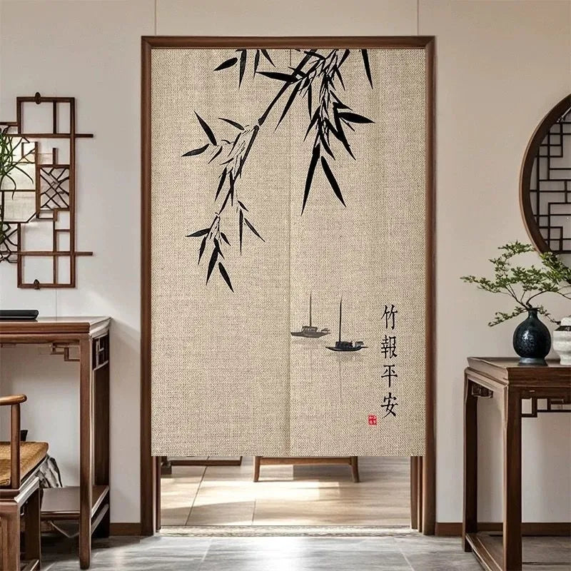 VIKAMA Chinese Zen Style Noren Door Curtain - Linen Texture Noren Curtain for Home Bedroom Kitchen Partition Decor