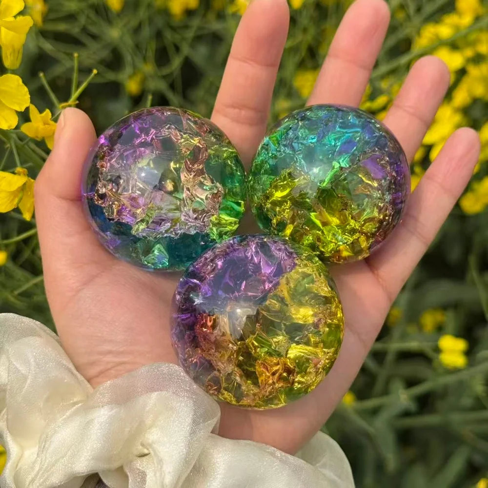 Colourful Ice Crack Crystal Ball - Glass Magic Sphere with Cracked Ice for Home & Office Decor Tabletop Fortune Telling Ornament