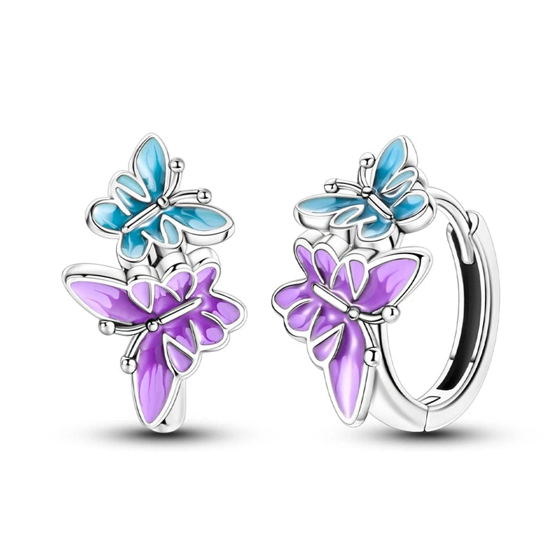 Original 925 Sterling Silver Earrings Sparkling Shining Dreamy Butterfly Hoop Earring for Women Girl Party Birthday Jewelry Gift