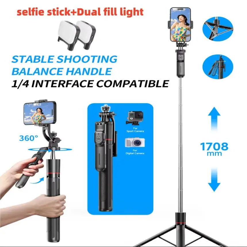 MEUYAG Selfie Stick Tripod with 1708mm Long Monopod Fill Light, Bluetooth Remote, 360° Rotation, 1/4 Interface, for mobile phone