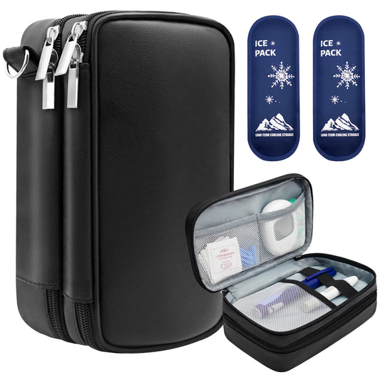Insulin Bag for Diabetics-Pu Leather Double Layer Case for Insulin Pens, Test Kit, Travel Medical Organizer with Handle