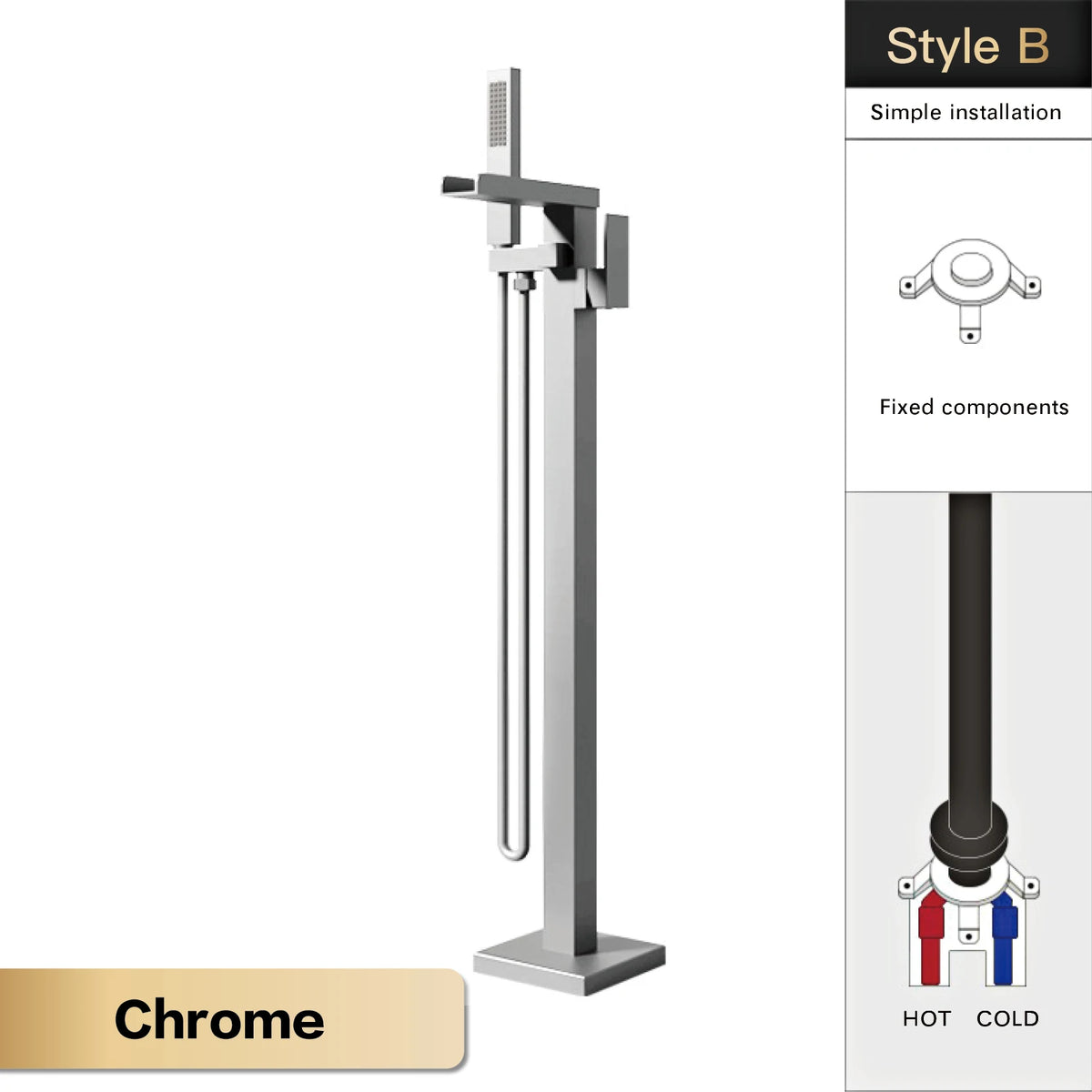 AITANA Luxury Black Brass Floor Standing Bathroom Faucet with Waterfall Water Outlet Design, Hot and Cold Bathtub Mixer