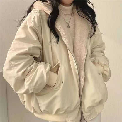 Lucyever Two-Sided Wear Fleece Warm Jacket Women Autumn Winter New Zipper Hooded Parkas Coat Female Loose Thick Thermal Outwear