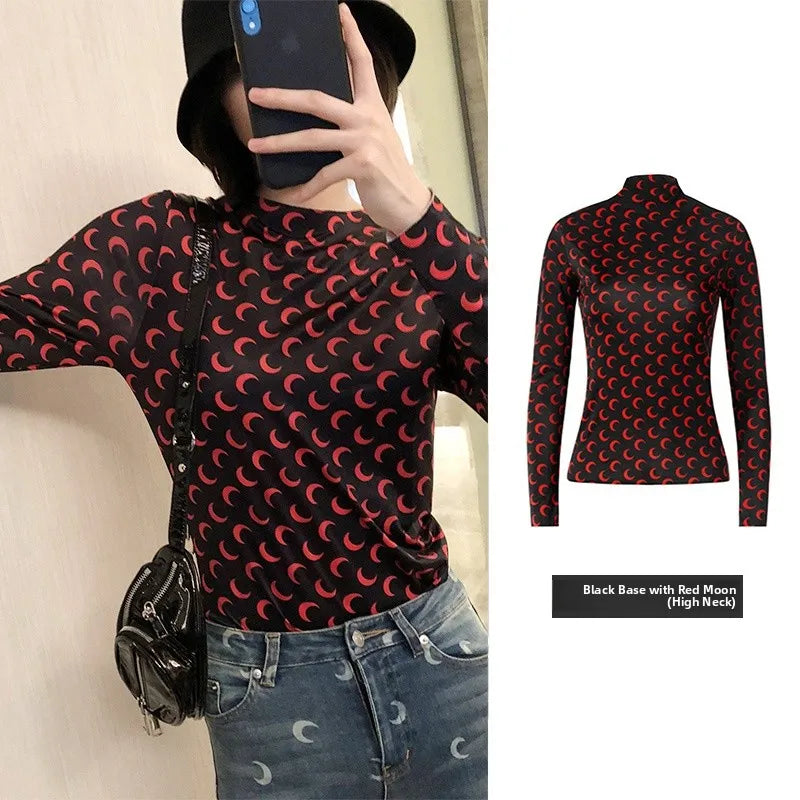 Ice Silk Two Piece Set Womens Sun Protection Clothes Long Sleeve Moon Print Top and Pants American Retro Sexy Autumn New