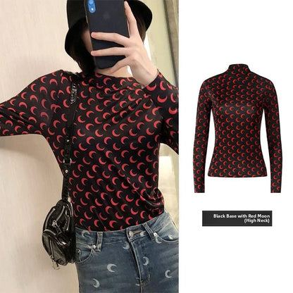 Ice Silk Two Piece Set Womens Sun Protection Clothes Long Sleeve Moon Print Top and Pants American Retro Sexy Autumn New