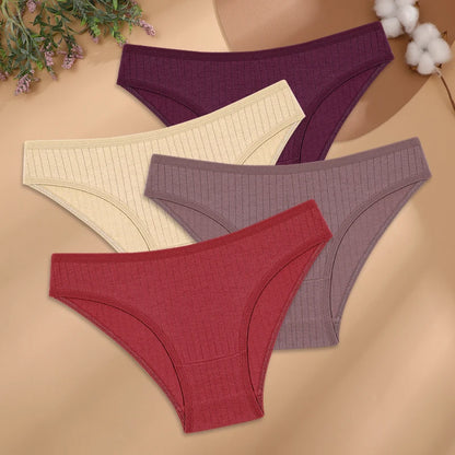 4Pcs/Set Cotton Panties Women Striped Solid Color Briefs Sexy Low-Waist Breathable Underpants Ladies Soft Stretch Lingerie M-XL