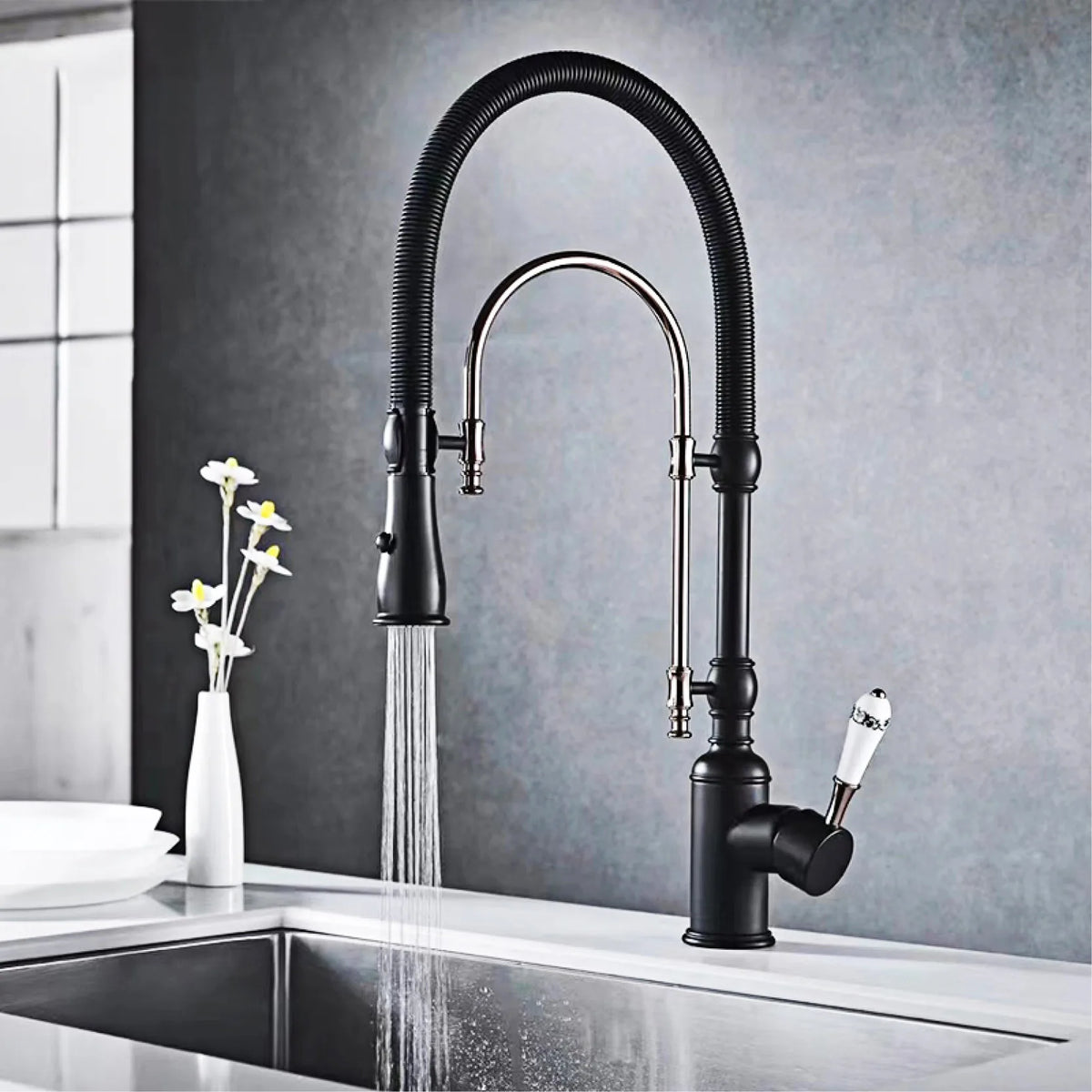 AITANA Luxury Golden Brass Kitchen Faucet with Retro Design, Single Handle Hot and Cold Dual Control 2 Function Sink Mixer