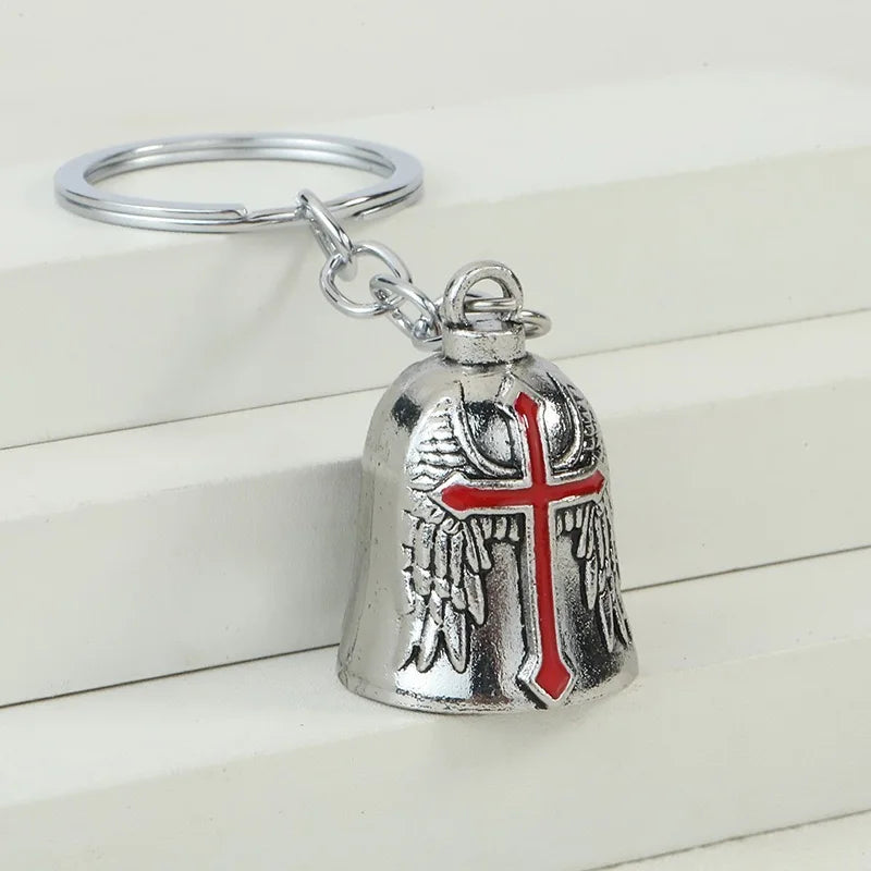 Punk Style Bell Keychain Metal Wing Cross Pendant Vintage Helmet Motorbike Rider Charm Bag Car Key Ring Gift