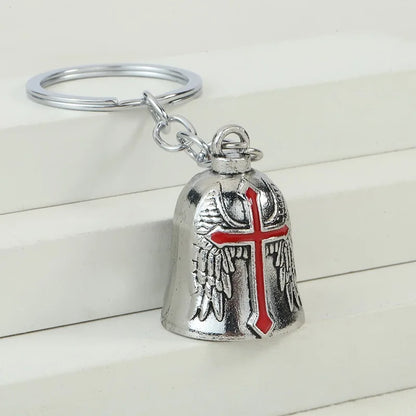 Punk Style Bell Keychain Metal Wing Cross Pendant Vintage Helmet Motorbike Rider Charm Bag Car Key Ring Gift