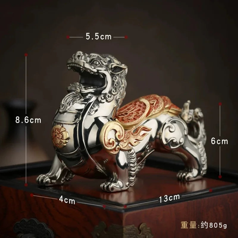 Pixiu Statue Chinese Feng Shui Pi Yao Figurine Silver Metal Sculpture Wealth Lucky Desktop Ornament Home Office Table Decor Gift