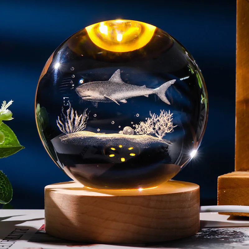 3D ocean shark crystal ball night light with laser engraving, decorative glass ball for home decor and gifts.
