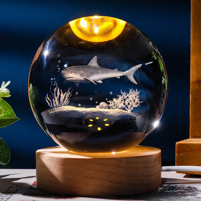 3D ocean shark crystal ball night light with laser engraving, decorative glass ball for home decor and gifts.