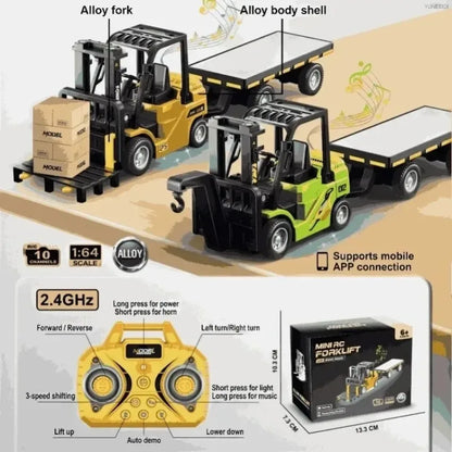 1:64 Mini Remote Control Alloy Excavator Truck Forklift with Trailer Worktop  Bluetooth 2.4GHz RC Car Child's Toy Holiday Gifts