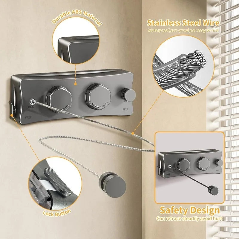 1pcs Retractable Clothesline Double Line Retractable Wall Mounted Washing Clothes Hanger Laundry Balcony Invisible Drying Lines