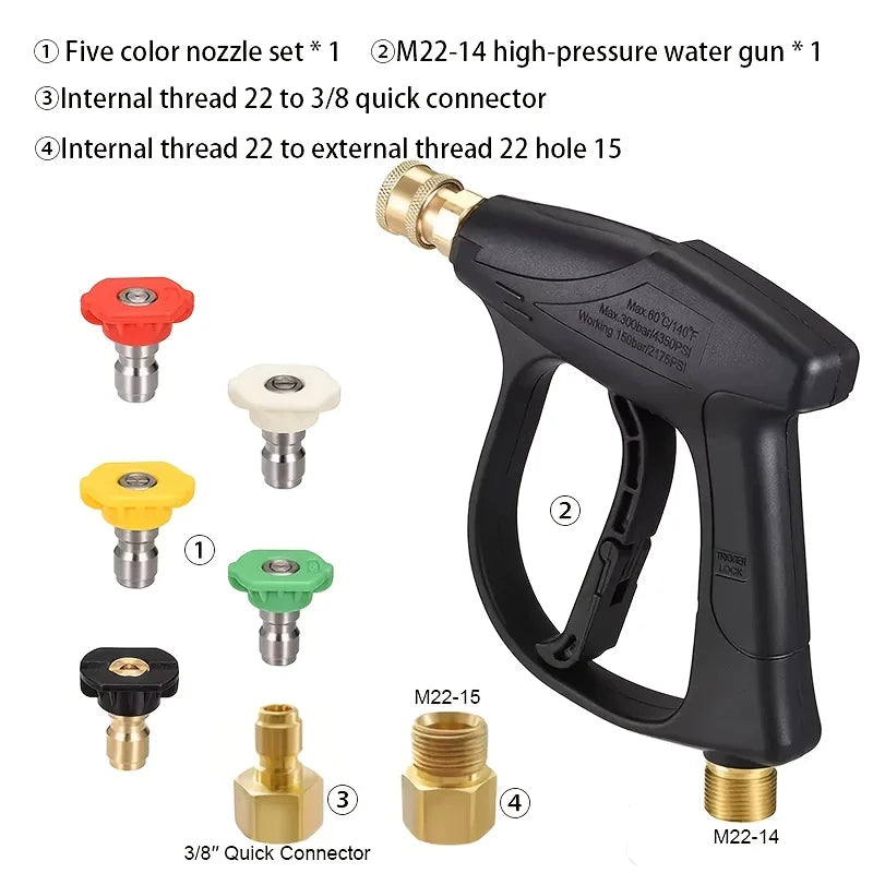 High Pressure Washer Gun, 1/4" & 3/8" Quick Connect, M22-14/15mm, Equipped with 5 Multi-angle Nozzles, Universal Professional