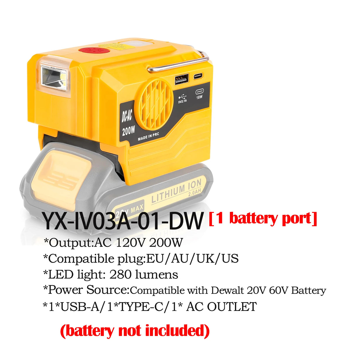 350W Power Inverter for Dewalt 20V 60V Li-ion Battery 4-Port Pure Sine Wave Inverter 20V to 120V/220-230V for Outdoor Camping