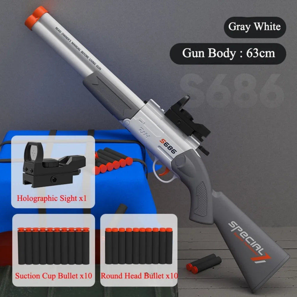 S686 Double Barrel Shotgun Toy with Scope & Soft Bullets Manually Loaded Gun Outdoor Hunting Shooting Game Christmas Gift