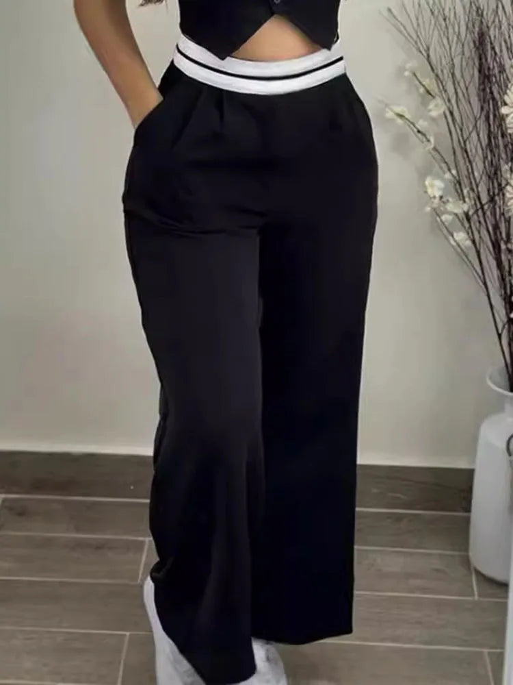Women's Sexy Black 2 Piece Sets Fashion Hot Girls Wear Contrasting Color V-neck Waistcoat  Wide-leg Trousers Casual Suits Women