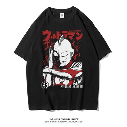 2026 Summer Ultraman Classic Print Cotton T-shirt Oversized Unisex Casual Tee for Die-hard Fans