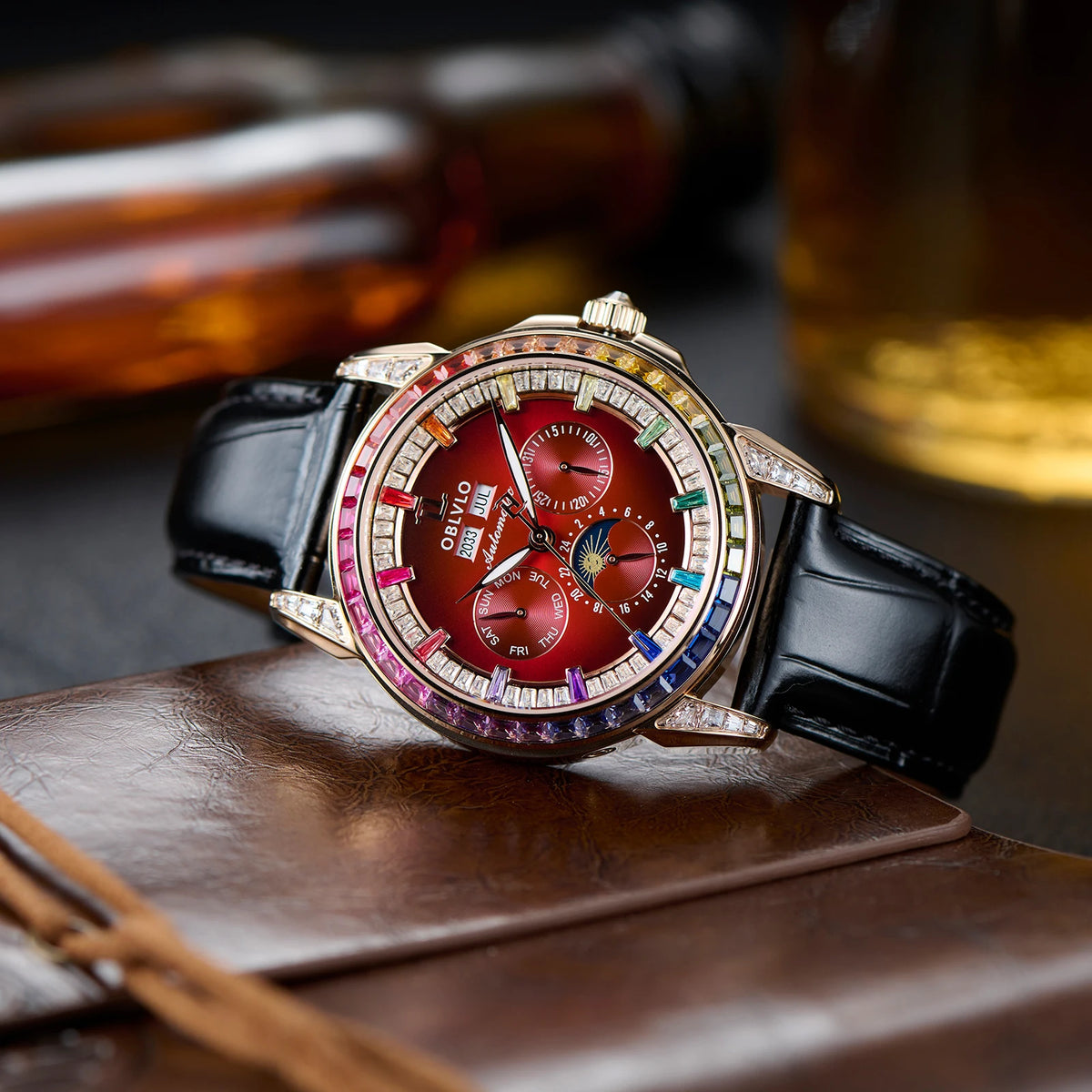 OBLVLO Men's Fashion Automatic Watch Colorful Zircon Moonphase Mechanical Multifunctional Black Leather Strap Timepiece GCM-MUT