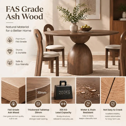 Solid Ash Wood Round Dining Table Modern Pedestal Base Wooden Kitchen Table Japandi Style Furniture 6 Seater Lazy Susan Table