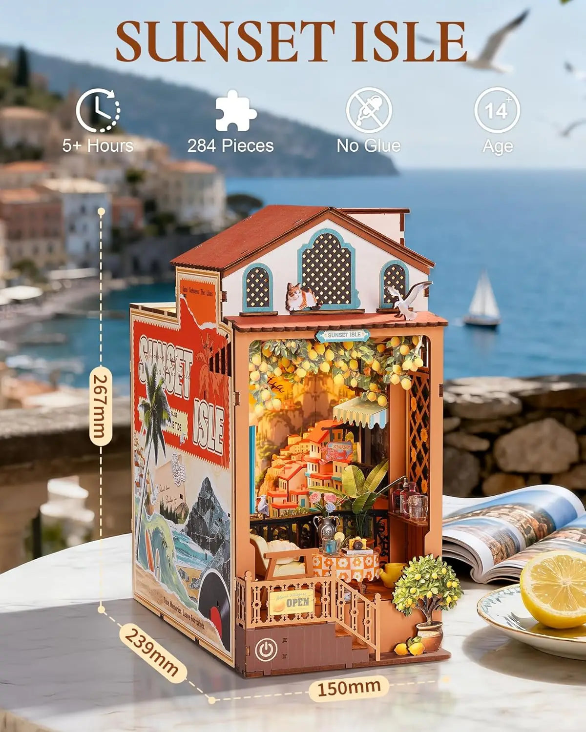 Rolife Book Nook Kit DIY Miniature Kit with Lights Sunset Isle Booknook Model Kits for Adults to Build 3D Wooden Puzzle