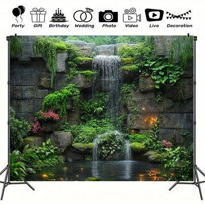 Stone Waterfall Mossy Rocks Garden Tapestry Zen Meditation Space Outdoor Patio Decor Tranquil Flowing Water Natural StoneTexture