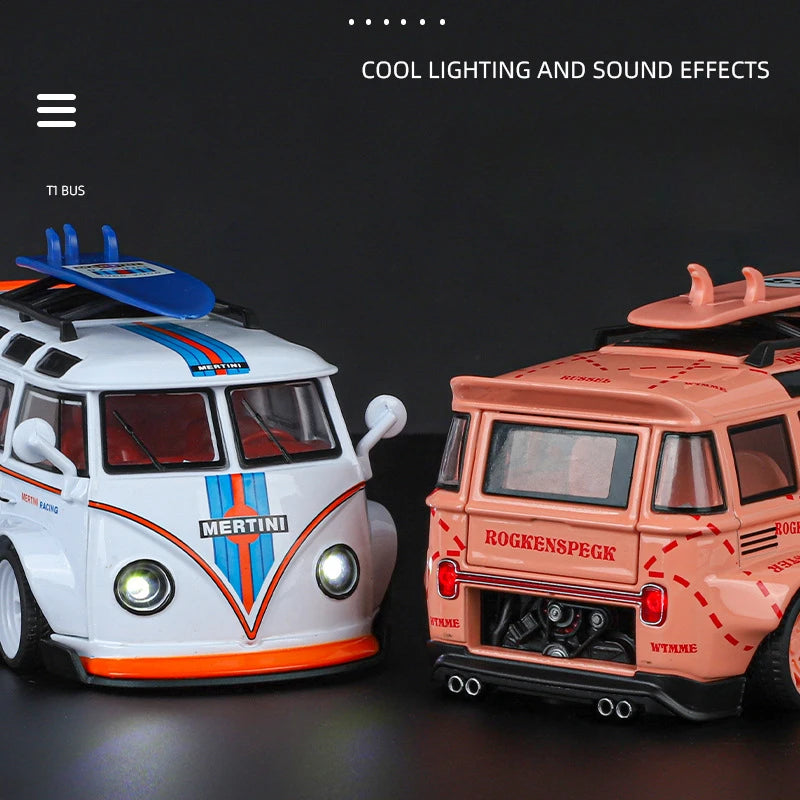 Simulation 1/32 Scale Volkswagen T1 Transporter Model Sound Light Bus Toy Vehicle Children Boy Birthday Gift Miniature Voiture