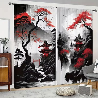 2 Pieces of Japanese Style New Chinese Ink Pattern Printed Curtains with Pole Bag Design, Suitable for Bedrooms and Living Rooms