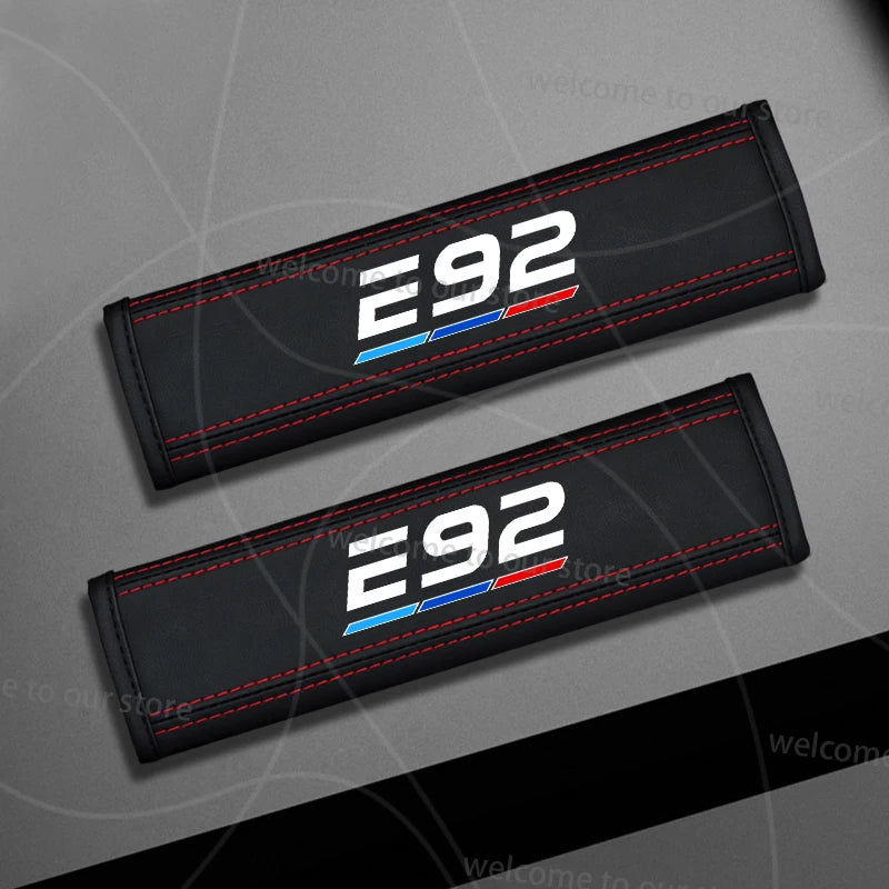 2pcs/set Car For E91 E92 E90 E Series Emblem Flag Of Tricolor Logo Leather Styling Seat Belt Cover Padding Pad Accessories