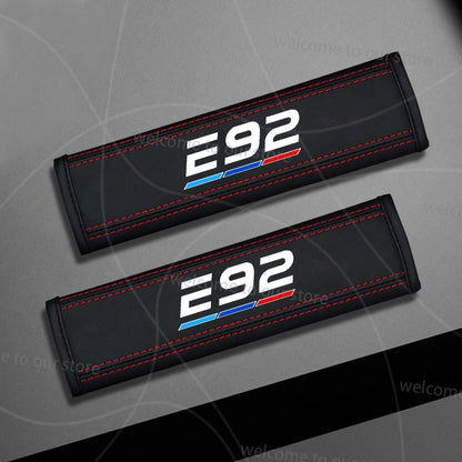 2pcs/set Car For E91 E92 E90 E Series Emblem Flag Of Tricolor Logo Leather Styling Seat Belt Cover Padding Pad Accessories
