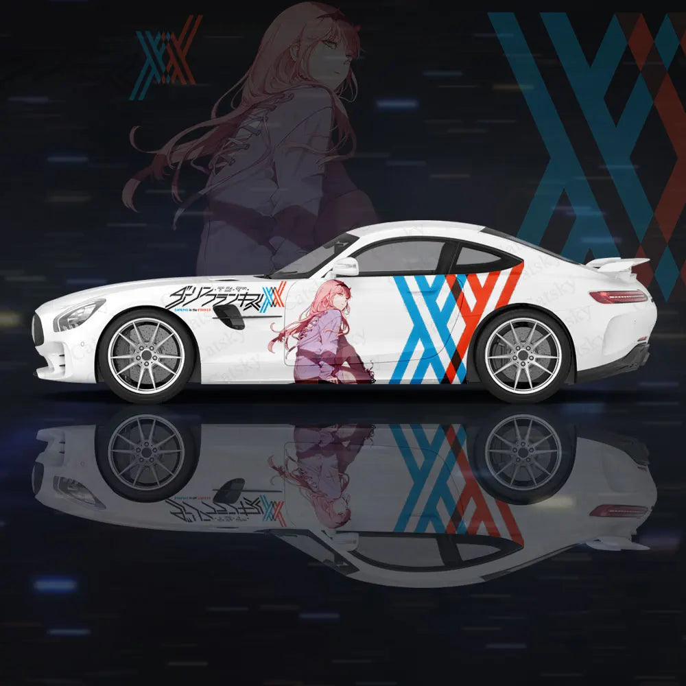 Anime Zero Two sexy girl car wrap design on sleek vehicle showcasing anime car wrap stickers.